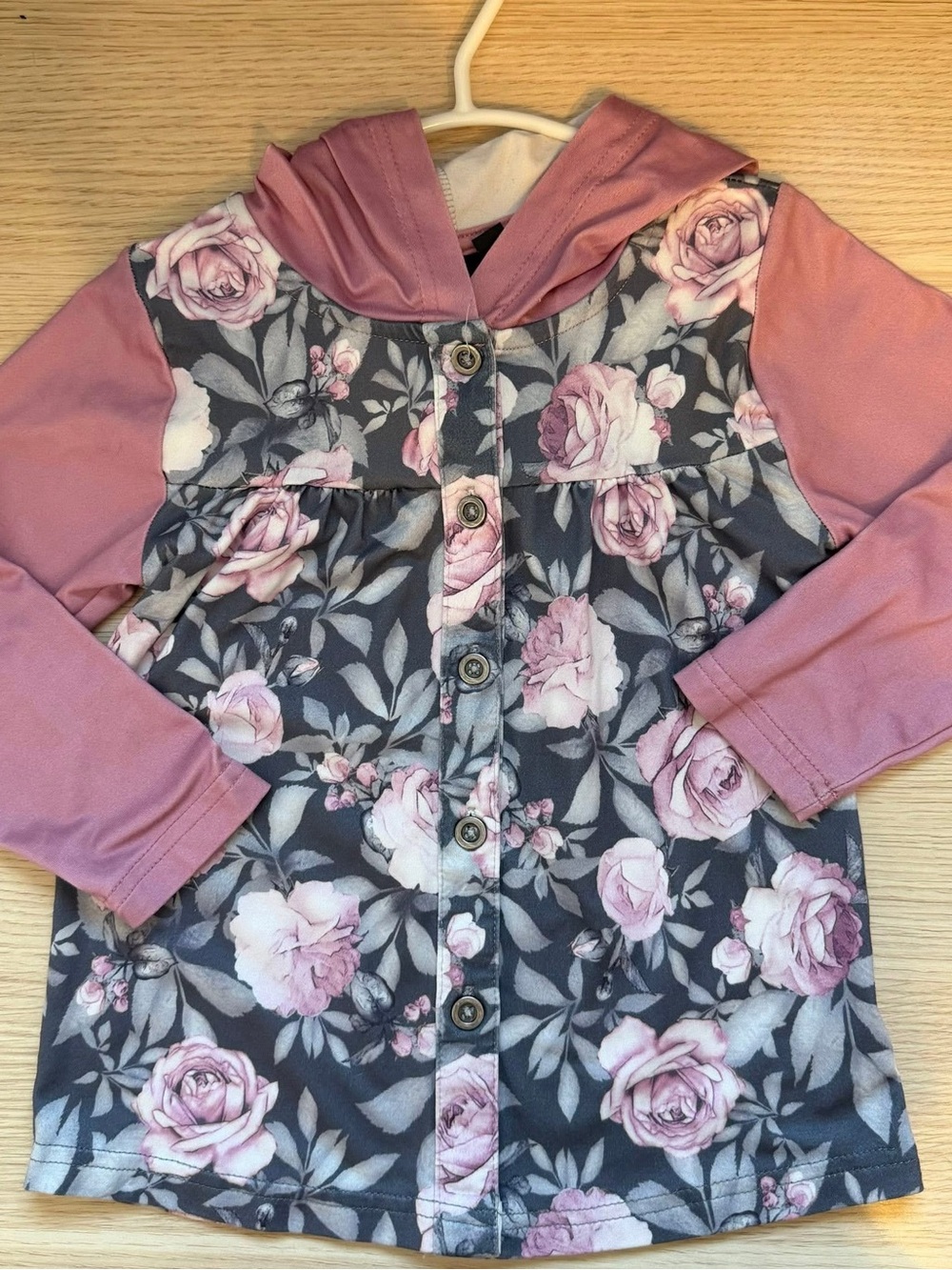 Baby Girls Floral Button-Front Hooded Top in Pink and Gray (24M)